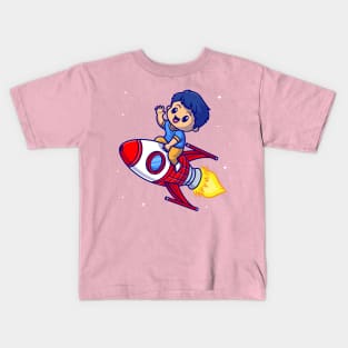 Cute Boy Riding Rocket In Space Cartoon Kids T-Shirt